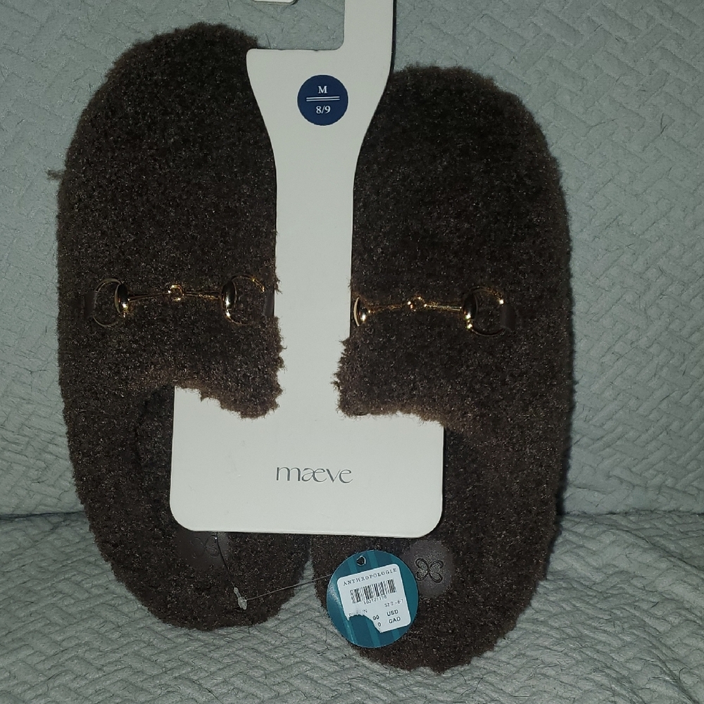 Maeve Brown Teddy Fleece Slip-On Loafers with Gold Accent